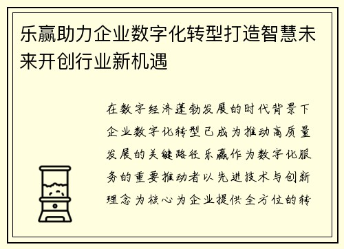乐赢助力企业数字化转型打造智慧未来开创行业新机遇