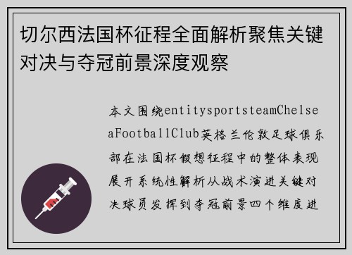 切尔西法国杯征程全面解析聚焦关键对决与夺冠前景深度观察